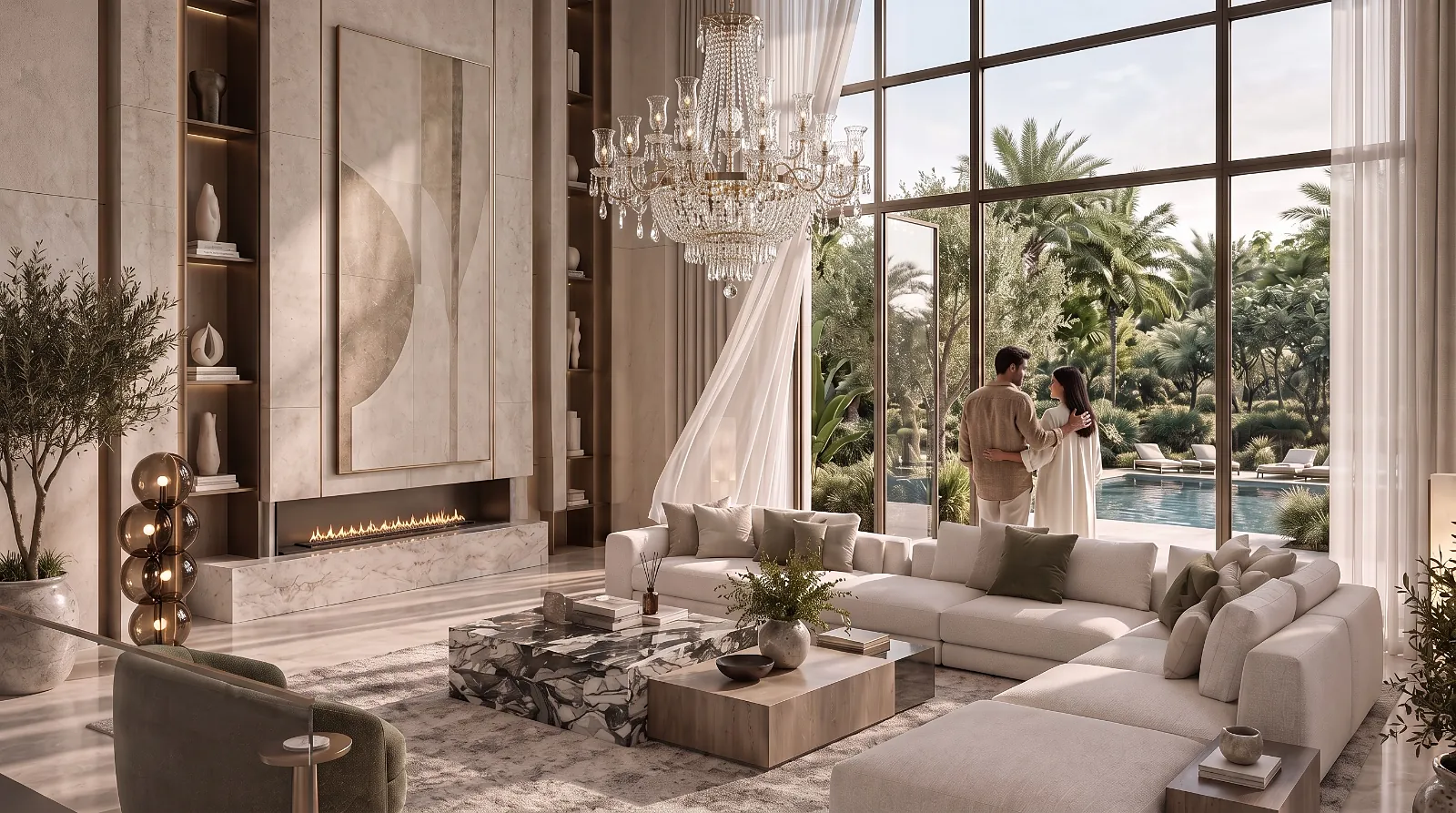 A living room opening onto a pool garden