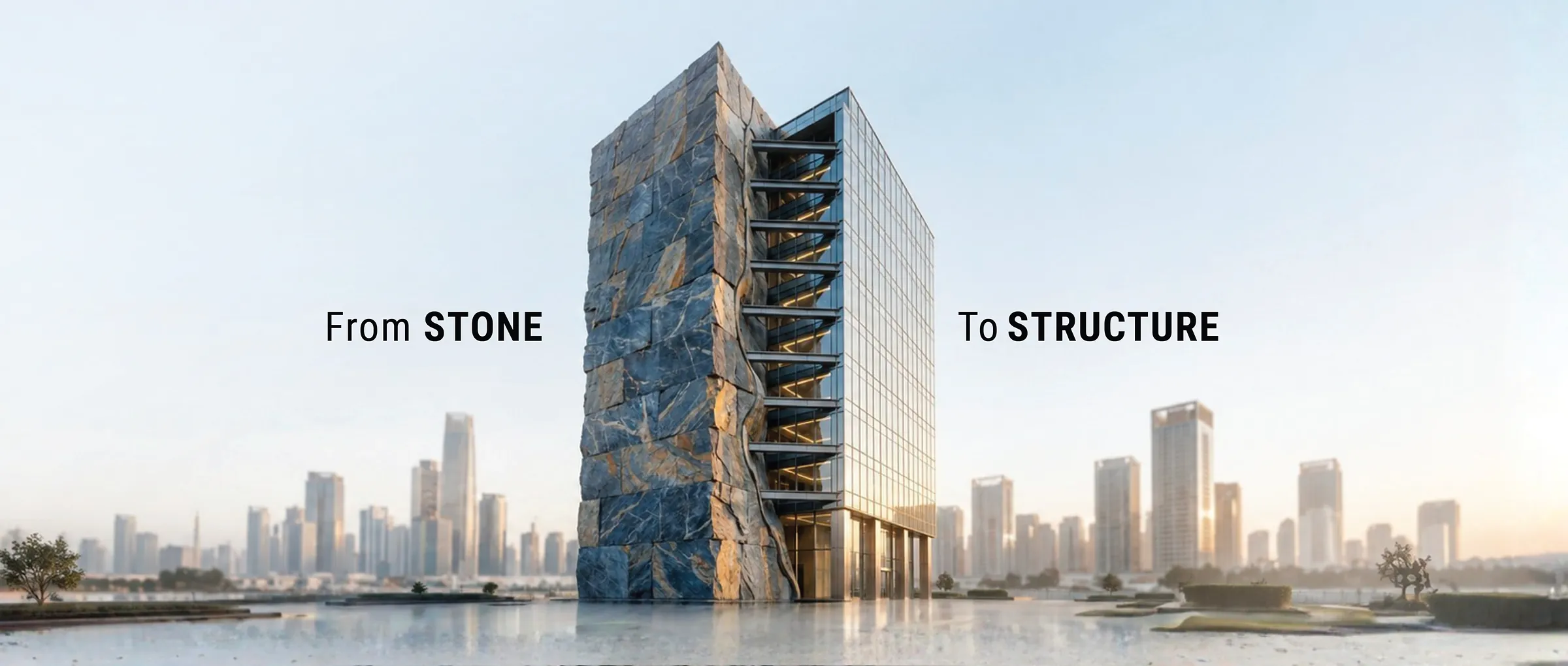 A tower that turns from stone into glass, labelled From Stone To Structure